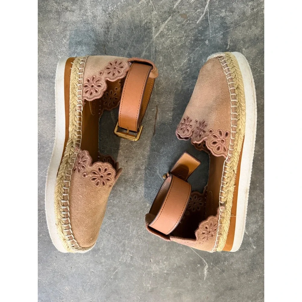 See By Chloe Glyn Suede Scalloped Espadrille Platform Ankle Strap Sandals Tan 36